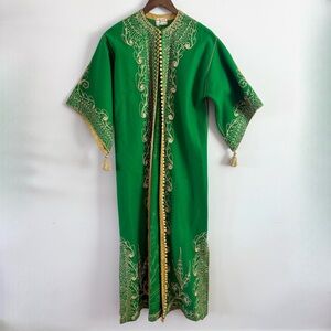 Vintage 60s Moroccan Caftan Emerald Green Maxi Dress Felt Woolen Gold Embroidery